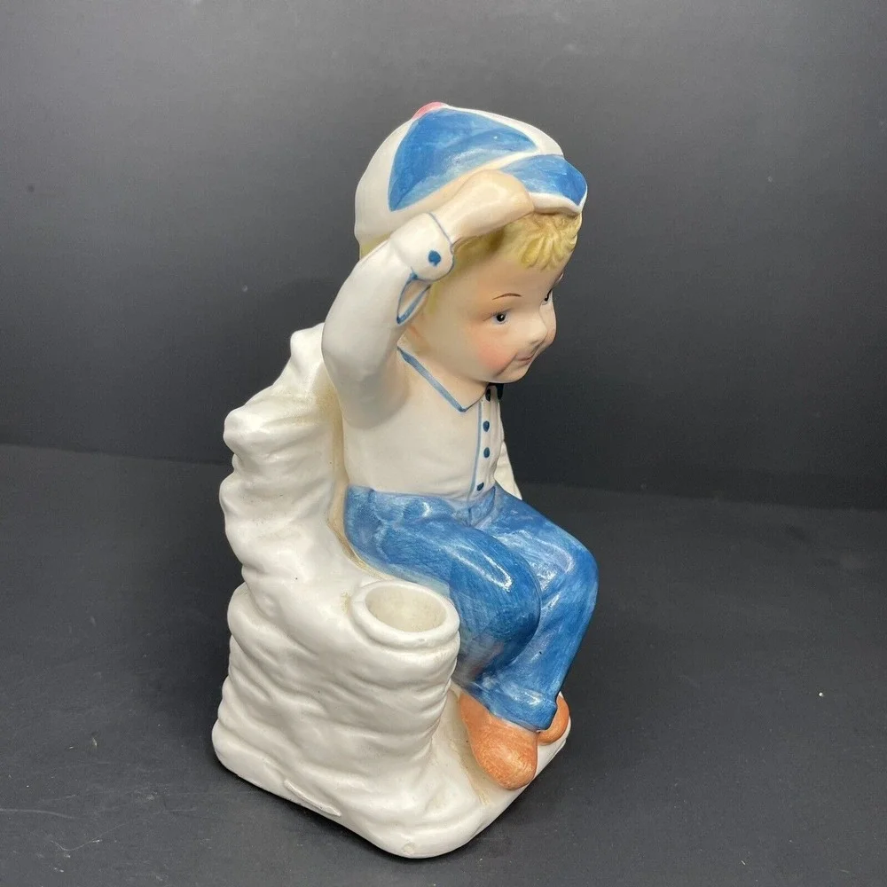 Vintage Boy Wearing Cap Saluting & Sitting Cross‎ Legged Bud Vase White & Blue